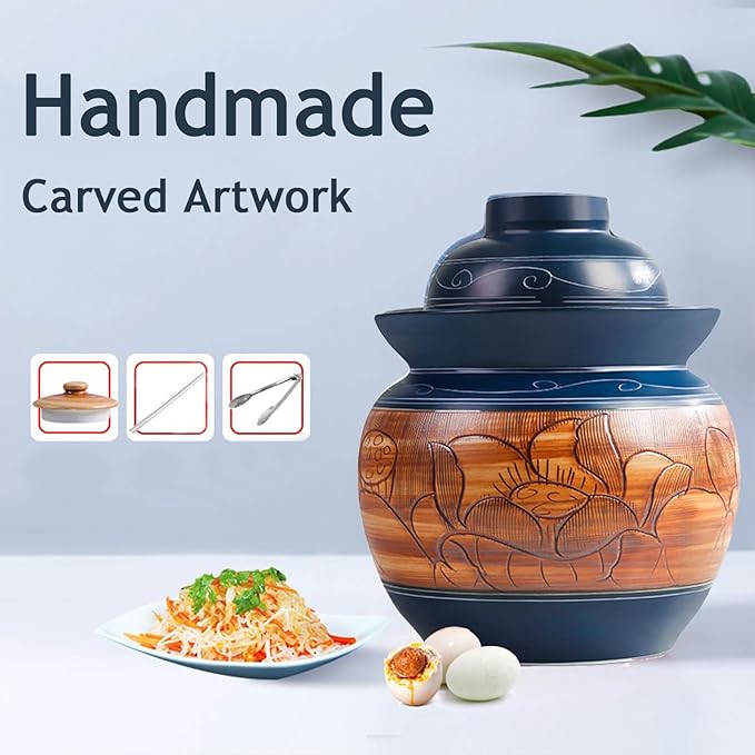 Traditional Chinese Porcelain Pickle Jar, Ceramic Fermenting Jar with Water Seal Airlock Lid, Turnip Kimchi Sauerkraut Fermentation Crock Pickling Pot(3.5kg, BlueA)