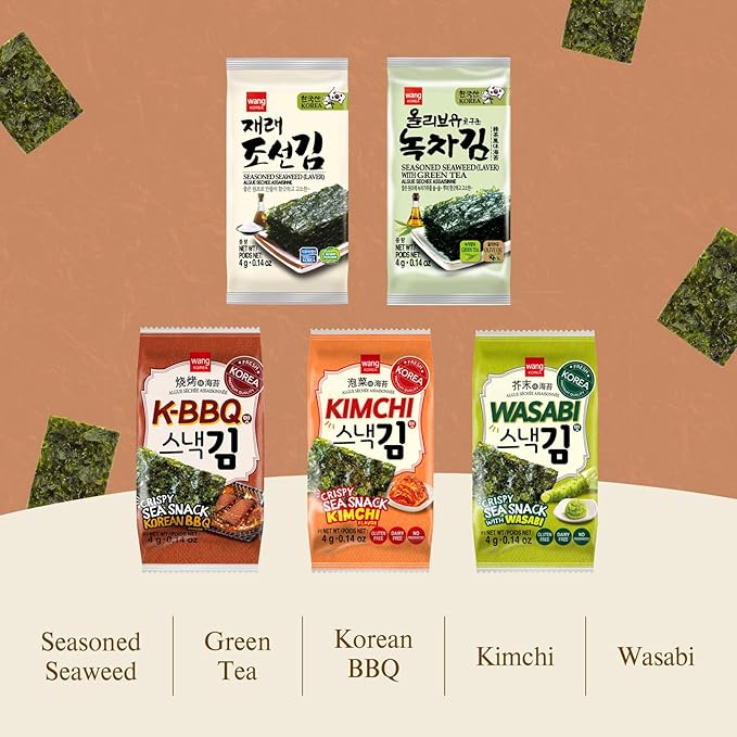 Wang Korean Seaweed Snacks Kimchi Flavor - Crispy Roasted Seaweed Sheets, Healthy Sea Weed Snack, Keto, Vegan, Gluten-Free - Pack of 16