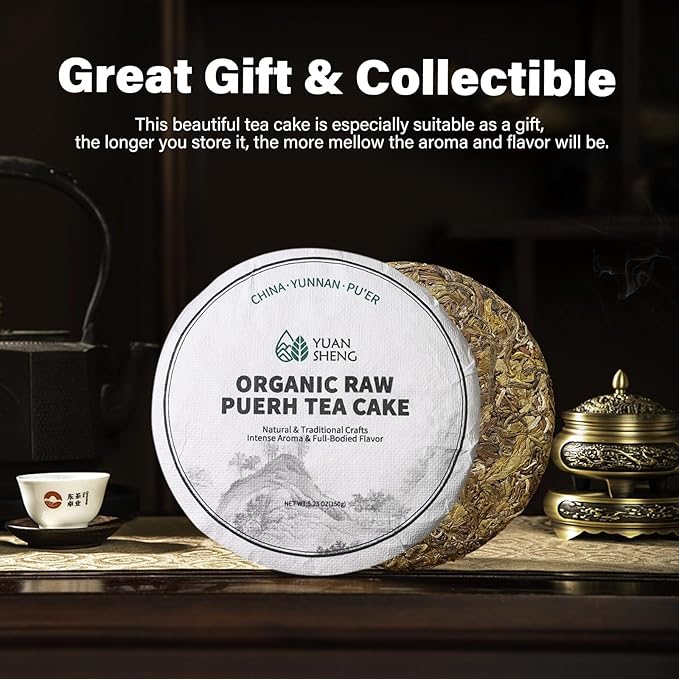 YUANSHENG Organic Raw Puerh Tea, Aged Fermented Organic Pu-erh tea, Natural Yunnan Ancient Tree Pu erh Tea whit Sweet and Smooth Flavor, No Fishy, 5.29 Oz