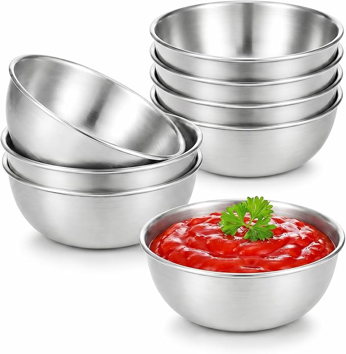 tifanso 8PCS Small Dipping Bowls - Stainless Steel Sauce Condiment Cups, Mini Soy Sauce Dish, Appetizer Plates for Charcuterie, Ketchup, Seasoning, BBQ, Party, Camping, Easy to Clean, Sliver
