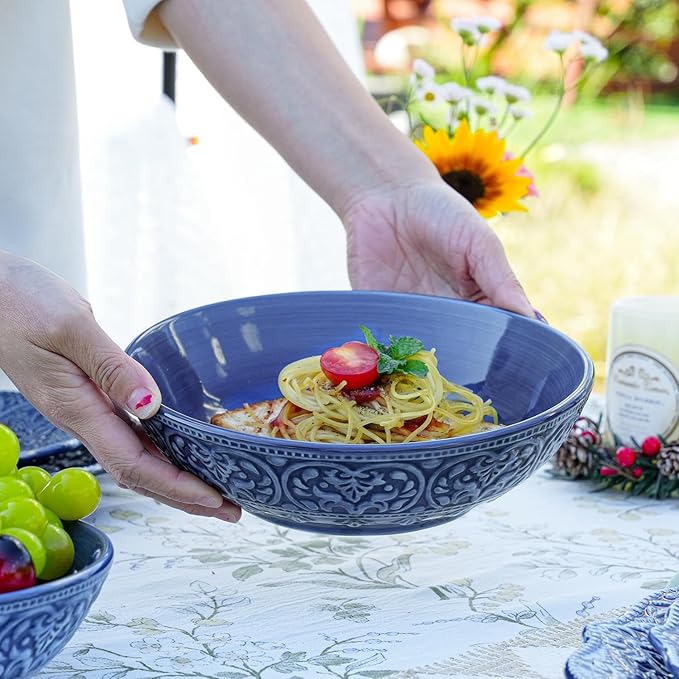 Sungmor Embossed Stoneware Fine Dining Dinnerware, Antique Baroque Style Porcelain 8 Inch Large Serving Bowls Set of 2, Sophisticated Ceramic Bowls for Salad, Soup, Cereal, Pasta