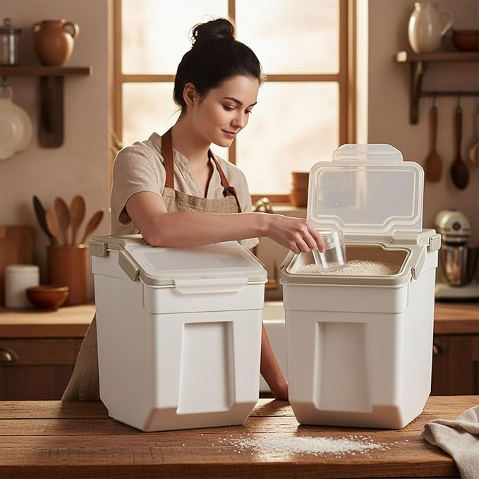 Rice Storage Container 50 lbs Large Household Flour Sugar Containers Airtight Grain Cereal Dispenser with Wheels, Locking Lid & Measuring Cup for Kitchen Pantry Organization, 2 Pack(Grey)