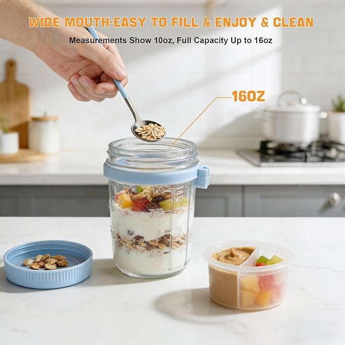 Overnight Oats Containers with Lids and Spoon - 6 Pack 16 oz Glass Mason Jars with Separate Compartments Leakproof Airtight Chia Pudding Salad Yogurt Parfait Cups for Oatmeal Cereal Meal Prep