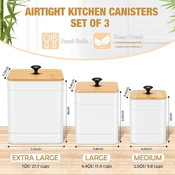 Tioncy Kitchen Canisters for Countertop Set of 3 Metal Canisters Sets with Bamboo Lids Spoon Airtight High Capacity Coffee Tea Sugar Flour Jars with DIY Labels Farmhouse Food Storage(White,XL,L,M)