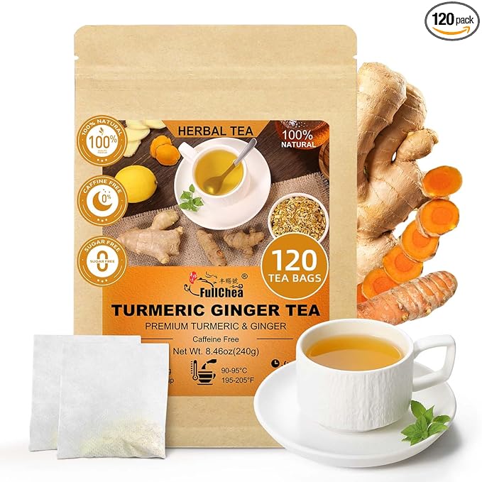 FullChea - Turmeric Ginger Tea Bags, 2g×120 Count - Premium Ginger & Turmeric - Non-GMO - Caffeine-free - Aid Digestion & Provide Antioxidants