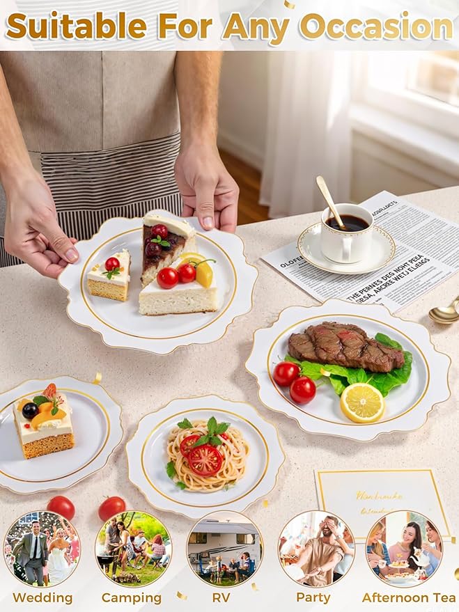 WDF 100PCS White and Gold Plastic Plates - Gold Disposable Plates - Include 50 Dinner & 50 Dessert Plate for Party - Heavy Duty Fancy Plastic Plate for Wedding/Bridal shower