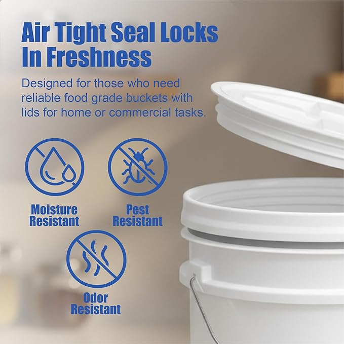 ePackageSupply 5 Gallon Bucket - Food Grade Bucket with Airtight Gamma Seal Screw-On Lid, BPA-Free, Heavy-Duty 90 Mil HDPE Plastic, Bulk Storage, Durable Container, Made in USA, White/White, 3 Packs