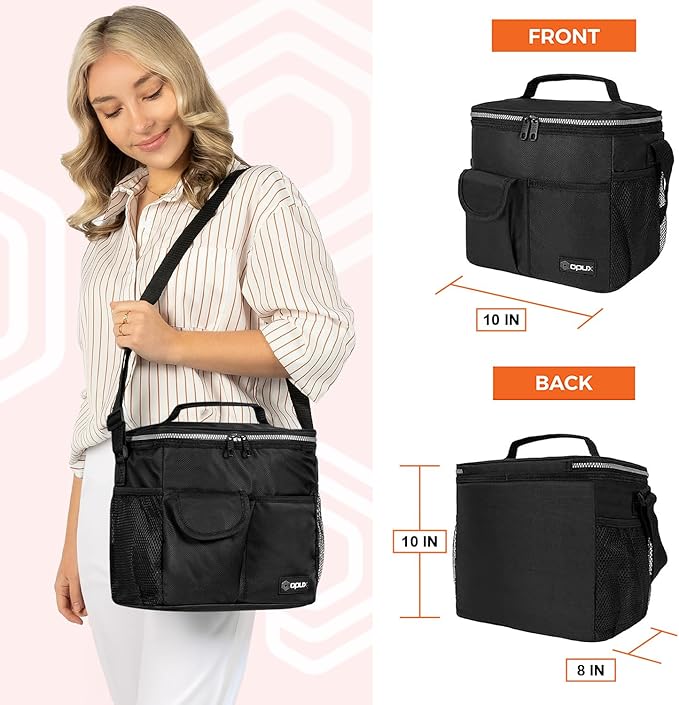 opux Insulated Lunch Box for Men Women Kids, Leakproof Reusable Lunch Bag Cooler for Work School Office, Soft Thermal Lunchbox Tote with Shoulder Strap for Boys Girls Adults, Black, 18 Can/10L