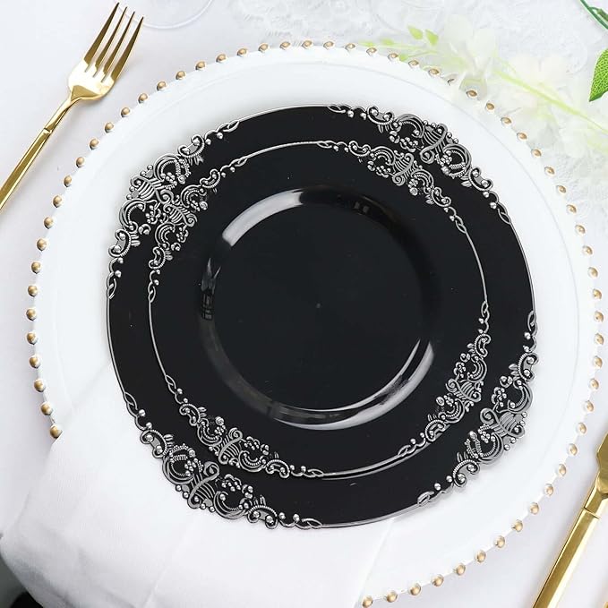 Efavormart 10 Pack | 10" Black and Silver Baroque Dinner Plates, Leaf Embossed Metallic Rim Heavy Duty Serving Plates for Corporate Events and Galas