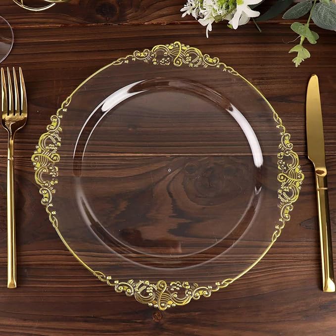 Efavormart 10 Pack | 10" Clear and Gold Baroque Dinner Plates, Leaf Embossed Metallic Rim Shatterproof Serving Plates for Modern Wedding Receptions