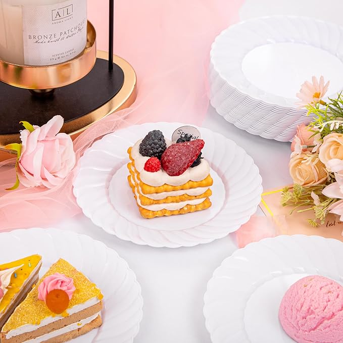 U-QE 60 Pieces White-Plastic-Plates for Party - White Disposable Plates 6 Inch - Salad/Dessert Plates Disposable Heavy Duty for Birthdays, Celebrations, Wedding and Events