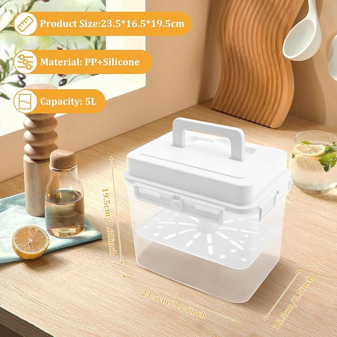Press Plate Leakproof Airtight Pickle Kimchi Container, Press Plastic Fermentation Container, 5L Food Storage Box w Hidden Handle, Portable Mason Jar, Clear Sauerkraut Press Container for Home Kitchen