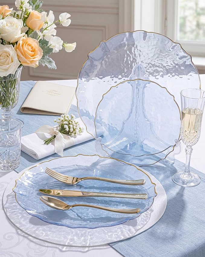 bUCLA 40PCS Clear Blue Plastic Plates - Hammered Disposable Plates with Gold Lace-Edge - Include 20 Each (10inch Dinner & 7inch Dessert) for Party, Birthday & Daily Use