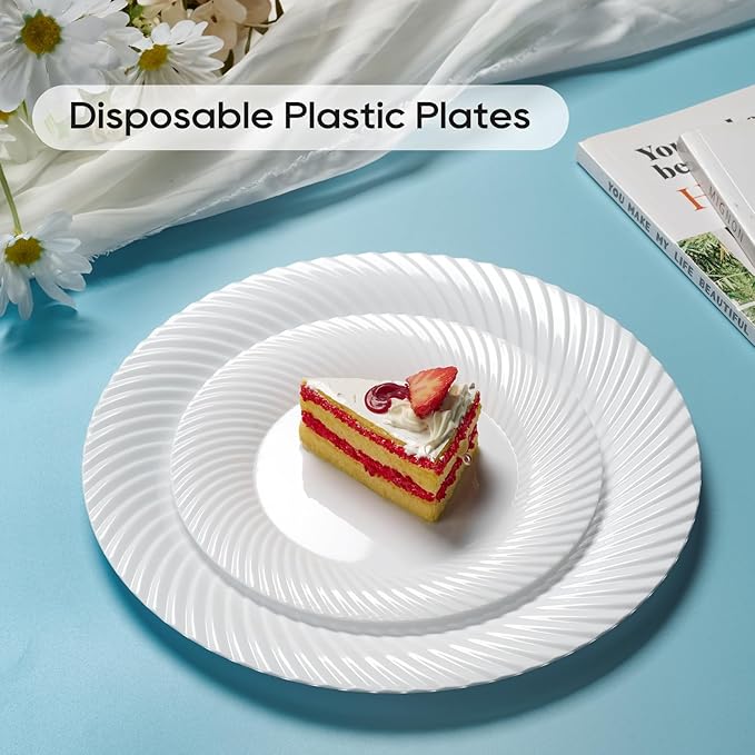 FOCUSLINE 7 Inch White Plastic Plates, 100 Count Disposable Heavy Duty Salad Dessert Plates, Premium Hard Plastic for Weddings, Parties and Events