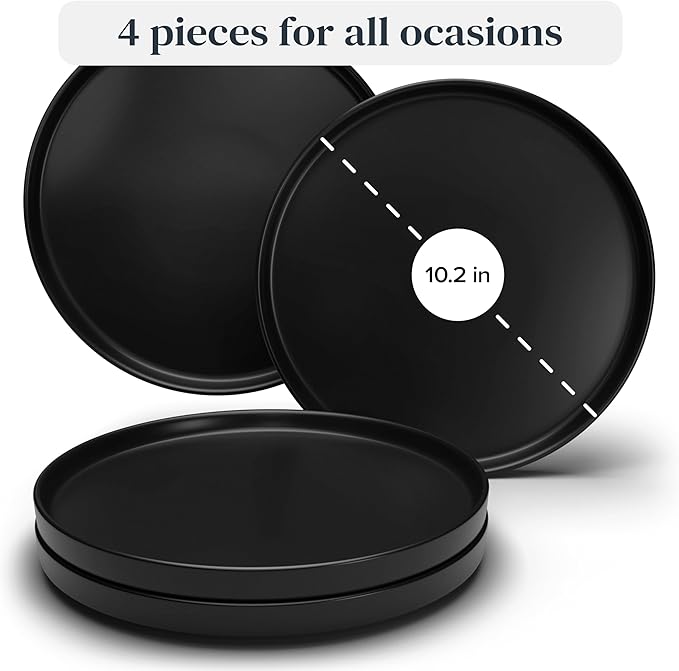 Stoneware Dinner Plates Set - Matte Black, 10.2" Lipped Edges, Dishwasher & Microwave Safe