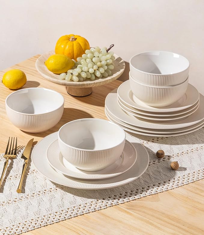 TheTerra Stoneware Dinnerware Sets for 4, 12 Pieces Ceramic Plates and Bowls Sets, Scratch Resistant Embossed Dish Set, Oven, Microwave & Dishwasher Safe, Cream White