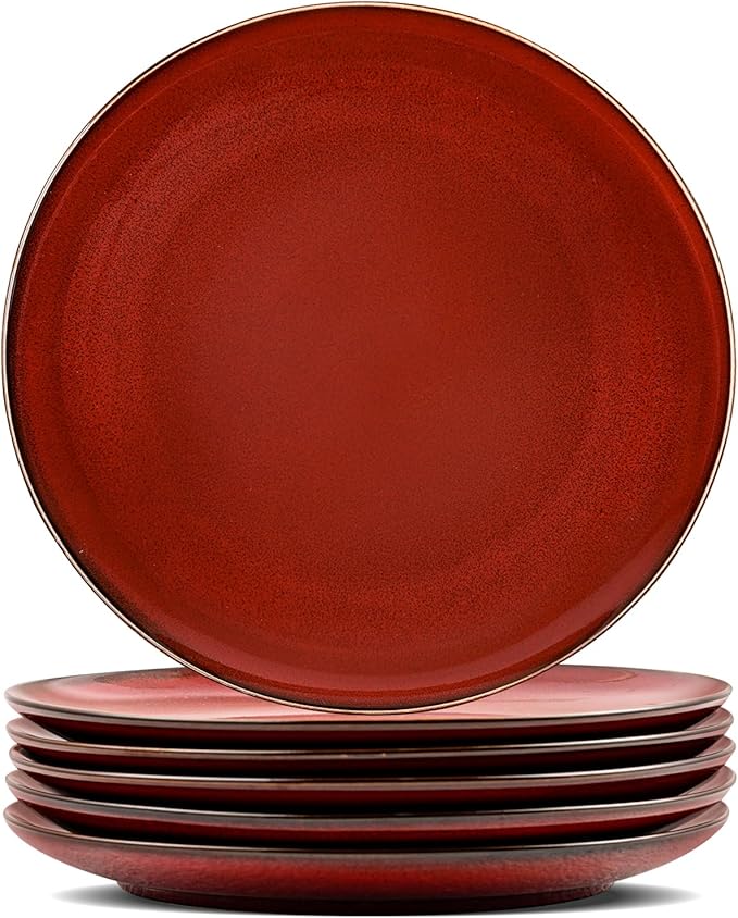 vicrays Ceramic Round Plates Set of 6 - Porcelain 10 inch Dinner Plates for Salad Dessert Appetizer Bread - Microwave Oven and Dishwasher Safe Cherry Red