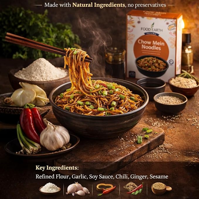 Food Earth Chow Mein Noodles 250g – Authentic Stir-Fry for Asian Cooking | Non-Sticky Wok-Ready Noodles for Chow Mein, Lo Mein, Hakka & Stir-Fry Dishes | Pack of 1