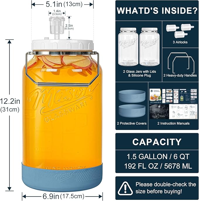 2 Pack 1.5 Gallon Large Fermentation Jars with Airtight Lids & Airlocks, Wide Mouth Glass Mason Jar for Mead Making, Brewing - 100% Leak-proof Pickle jars Kimchi Container with Handles & Bases