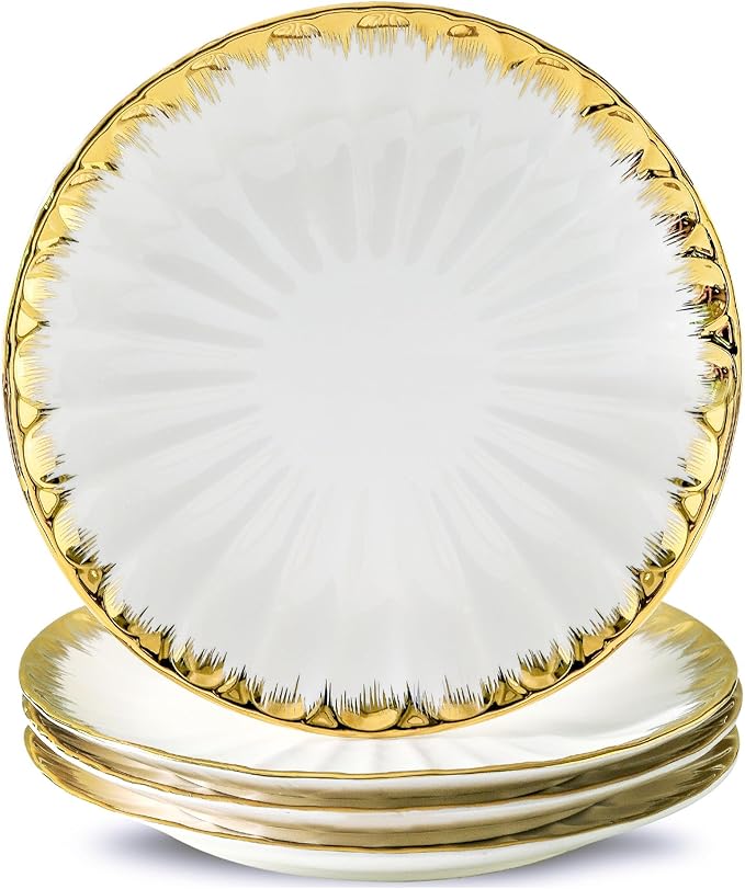 LETAOTAO Ceramic Plates For Kitchen, Ceramic Dessert Salad Plates Set of 4 for Appetizer, Small Dinner Plates with Gold Rim, Porcelain Dish for Pasta, Pancakes, Steak(8in)