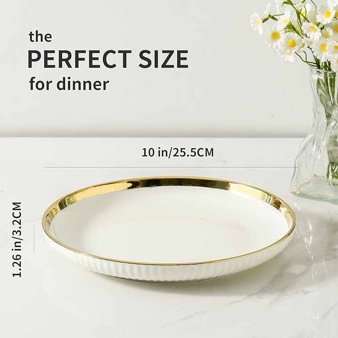 LETAOTAO Dinner Plates, Ceramic dinner Plate Set of 4, 10 inch White Serving Plates with gold trim, Stripe Texture Back, Large Pasta and Salad Plates, Dishes Set with Lipped Edges for Kitchen