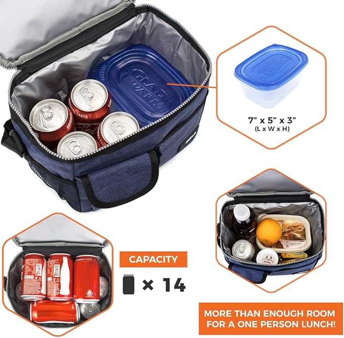 opux Insulated Lunch Box for Men Women Kids, Leakproof Reusable Lunch Bag Cooler for Work School Office, Soft Thermal Lunchbox Tote with Shoulder Strap for Boys Girls Adults, Heather Navy, 14 Can/8L
