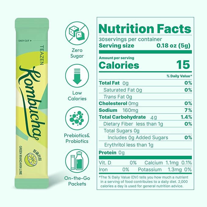 TEAZEN Green Mandarin Lime Kombucha Powder, Hydration Drink Mix, Sugar Free, Live Probiotics & Prebiotics, On-the-Go 30 Packets, 5.29oz