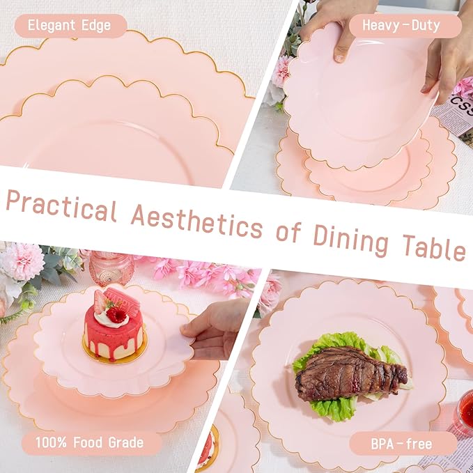 LIYH 120 Pcs Pink Plastic Plates Disposable Set Includes 60 Dinner Plate 10.25" & 60 Dessert Plate 7.5" with Elegant Gold Rim for Party Birthday Baby Shower
