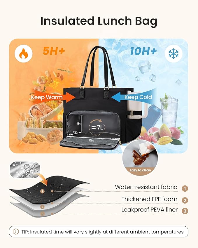 LOVEVOOK Lunch Tote Bag for Women, 17.3 Inch Laptop Tote with Insulated Lunch Compartment, Large Capacity Lunch Bag for Work, Business, Daily, Outdoors, Black