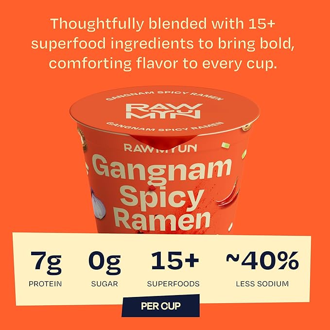 RAWMYUN Gluten Free Healthy Korean Ramen Vegan Superfood Clean Ingredients Plant-Based Cup Noodles made with Organic Rice Noodles Instant Soup | No MSG, Non-GMO, Real Ingredients (6 Gangnam Spicy)