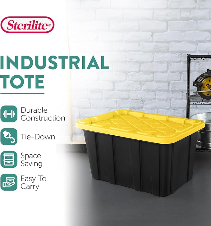 Sterilite 16-Pack Industrial Tote, Plastic Storage Container Bins with Lids, 27 Gallon - Large, Stackable, and Heavy-Duty Organizer Box Containers for Closet, Garage, Shelves, and Office