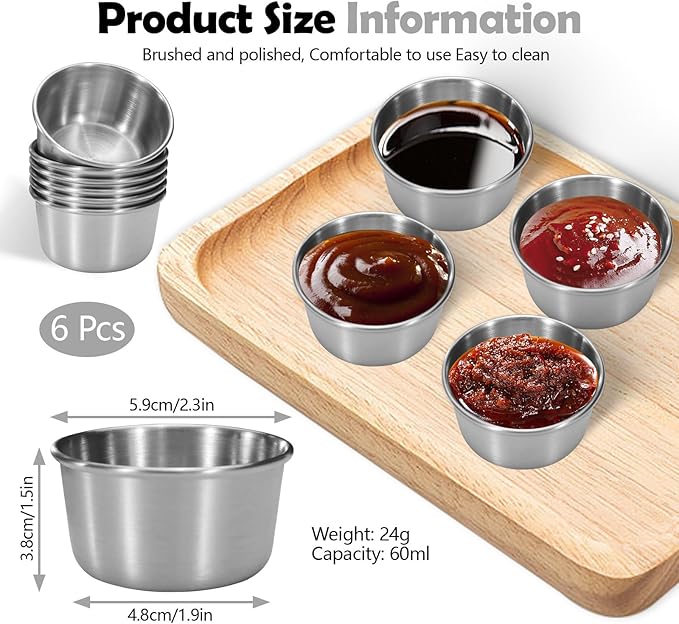 6 Pcs 2 oz Stainless Steel Dipping Sauce Cup, Mini Dip Bowls, Reusable Metal Condiment Cups Ramekins Containers for Ketchup Dressing Home Party Restaurant Kitchen, 2.3 Inches/5.8 cm (6PCS Silver)
