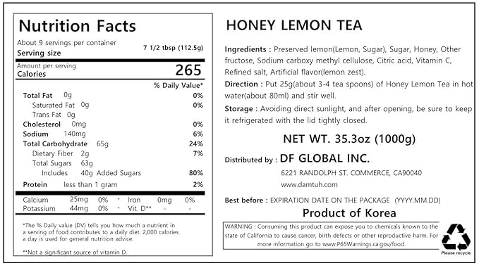 Damtuh Korean Honey Lemon Tea 2.2 lb (35.3 fl oz) – Lemon Marmalade Preserve for Hot or Iced Tea, Spread & Desserts, Caffeine-Free
