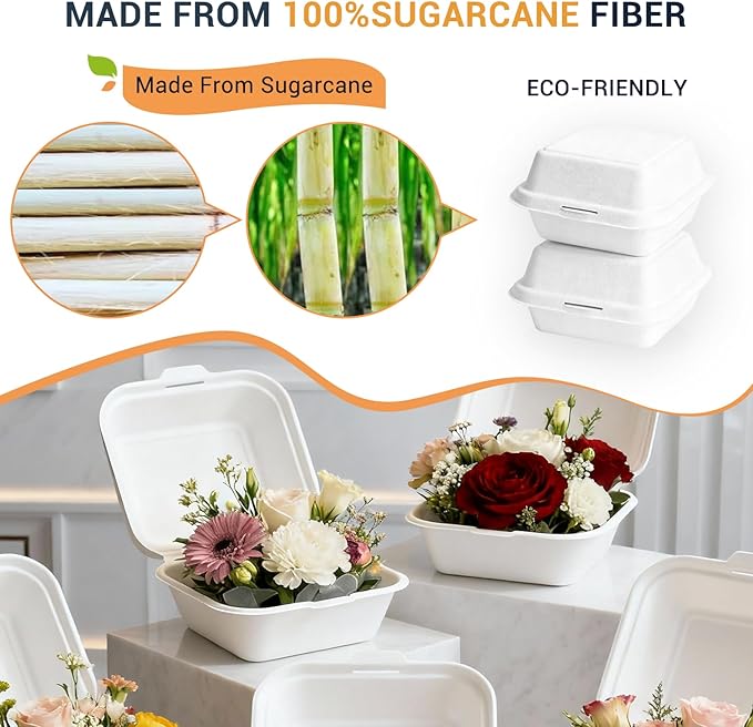 Disposable Burger Paper Clam Shell 100pcs 6" X 6" X 3" Takeaway Container with Flip Lid, Microwave/Frozen Food Grade sugarcane bagasse material, Served In Burger Cakes, Sandwiches, Desserts, Salads,