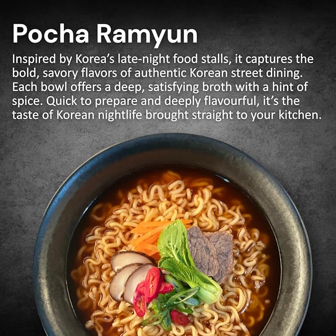 The Han Kitchen Pocha Ramyun, Pack of 4 (118g Each) – Korean Instant Ramen with Thick Chewy Noodles, Spicy Savory Broth – Seoul Pocha Street Style – Ready in 5 Minutes, Spicy