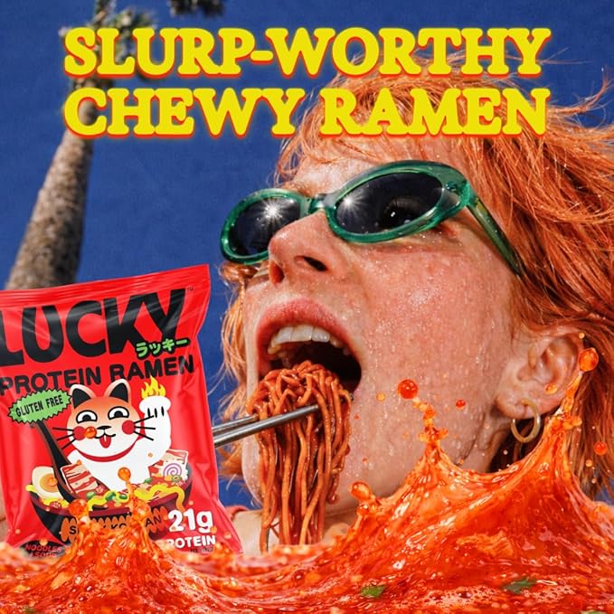 Lucky High Protein, Gluten Free Ramen Noodles, Extra Spicy Korean Flavor | 21g Protein | No MSG, Air Dried, Vegan, Reduced Sodium, Healthy, Vegetarian | Rice Ramen + Soup | Instant, Ready in 8 Minutes | 6-Pack