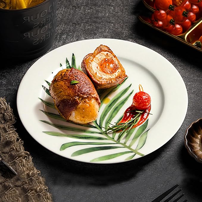 IQCWOOD Fine Bone China 8" Salad Plate with Leaf Pattern, 6-Piece Dessert Appetizer Flat Plates, Modern Round Plate, Microwave & Dishwasher Safe