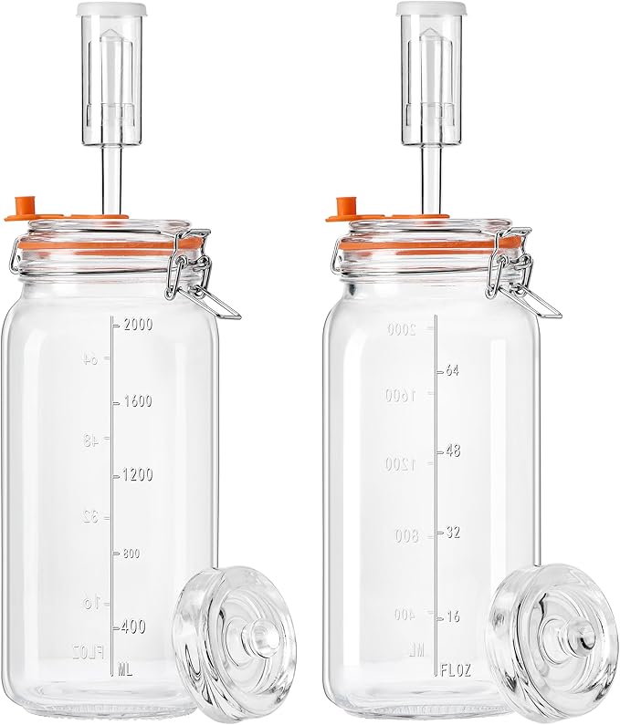 JILLMO Wide Mouth Glass Fermentation Jar with Airlock & Glass Weight, 2L (64oz) Fermenting Jar for Sauerkraut, Kimchi, Pickles & More,Pack of 2