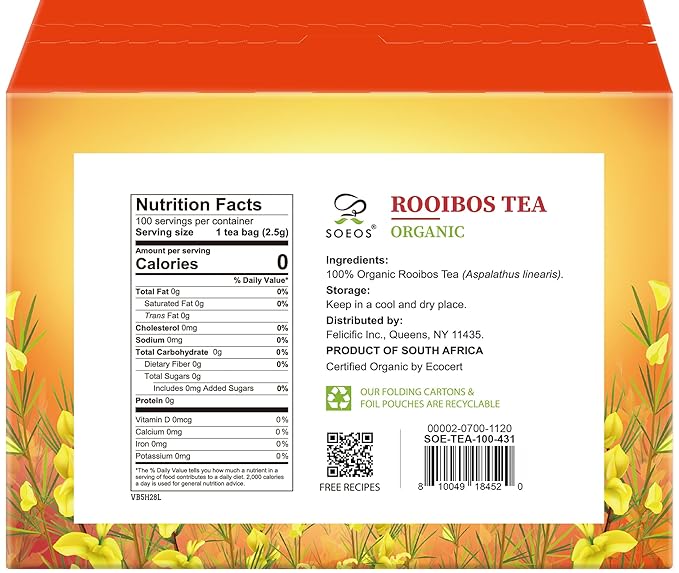 Soeos Organic Rooibos Tea, 100 Count (Pack of 1), Naturally Sweet Herbal Tea, Caffeine Free, USDA Organic, Red Rooibos Tea Bags, Farmed in South Africa 9oz (250g)