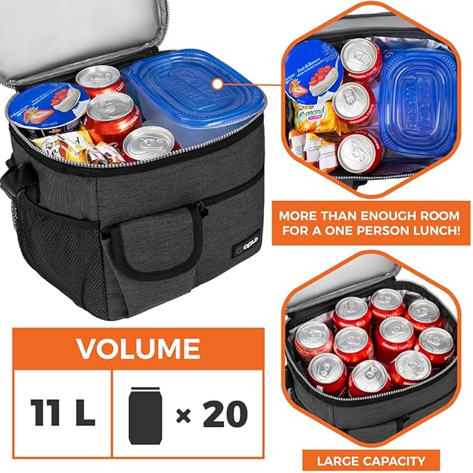 opux Insulated Lunch Box for Men Women Kids, Leakproof Reusable Lunch Bag Cooler for Work School Office, Soft Thermal Lunchbox Tote Shoulder Strap for Boys Girls Adults, Heather Charcoal, 18 Can/10L