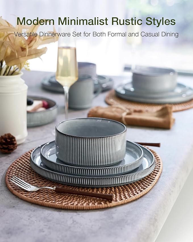 Famiware Star 16-Piece Stoneware Dinnerware Set, Service for 4, Reactive Glaze Mugs, Plates and Bowls, Dishes with Trim, Modern Rustic, Chip/Scratch Resistant, Microwave/Dishwasher Safe, Smoky Blue