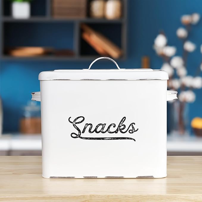 AuldHome Design Rustic Snack Bin, White Enamelware Snack Container Perfect for Single Serving Snacks