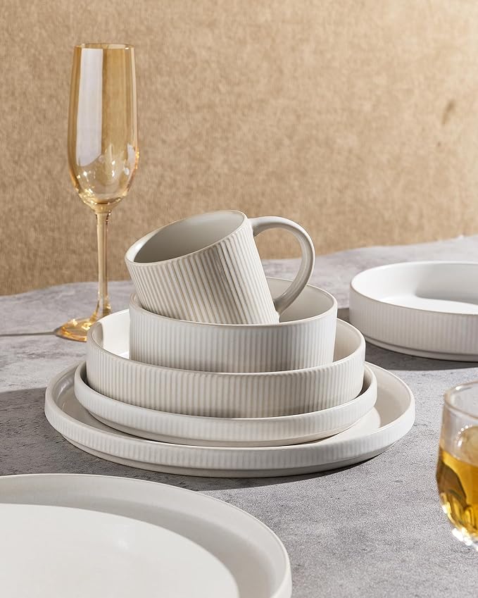 Famiware Star Dinnerware Set with Pasta Bowls, Service for 4 (16pcs), Ribbed Stoneware Plates and Double Bowls Dishes Sets - Chip & Scratch Resistant, Microwave & Dishwasher Safe, Matte White