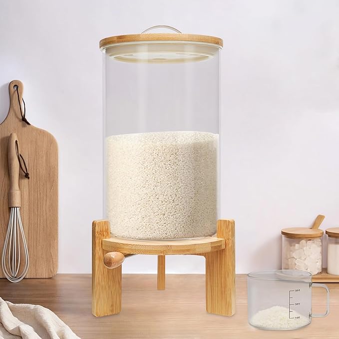 Glass Rice Dispenser, Grain Dispensers Clear Dry Food Storage Container, Flour Cereal Rice Storage Box With Sealed Lid And Measuring Cup For Storing Sugar/Coffee Beans/Oats/Kitchen Food