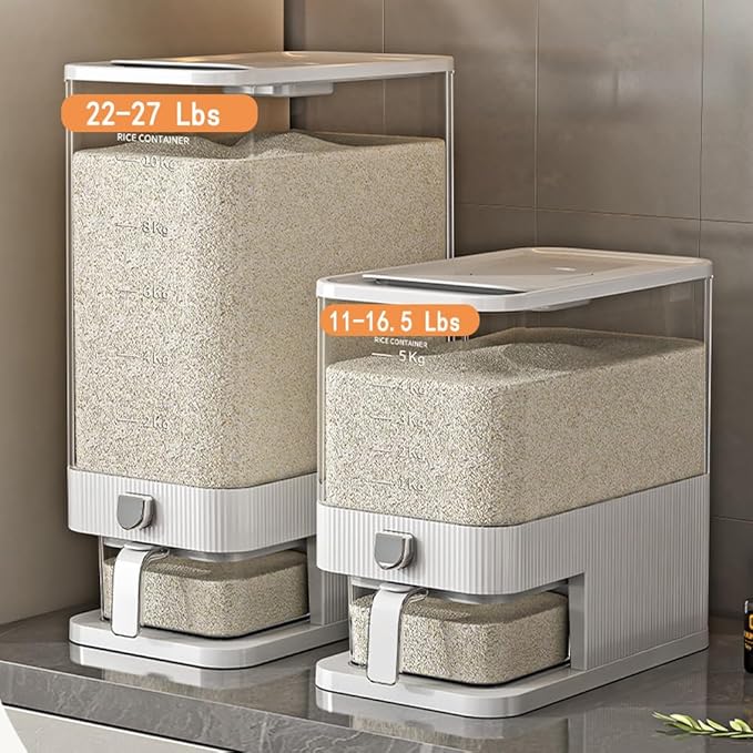 Rice Dispenser,25 Lbs Rice Storage with Measuring Cup and Dial,One-Touch Cereal Dispenser,Sealed Moisture Proof for Rice, Corn,Soybean, Oatmeal (22-27 Lbs(10-12.5kg))