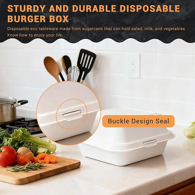 Disposable Burger Paper Clam Shell 100pcs 6" X 6" X 3" Takeaway Container with Flip Lid, Microwave/Frozen Food Grade sugarcane bagasse material, Served In Burger Cakes, Sandwiches, Desserts, Salads,