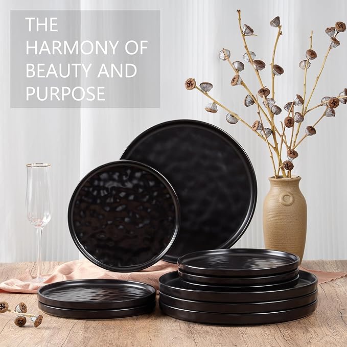 LIANYU 10.2 Inch Dessert Plates of 4, Kitchen Ceramic Dinner Plates Set, Dinnerware Serving Dishes Set, Dinnerware Salad Appetizer Plates for Microwave Dishwasher Oven, Chip Resistant, Obsidian Black