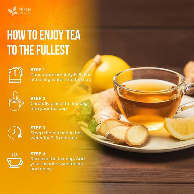 FreshDrinkUS, Premium 150 Lemon Ginger Tea Bags, 100% Natural Ingredients, Hand-made Blend of Lemon and Ginger, Eco-conscious Tea Bags. No Sugar, No Caffeine, Vegan.