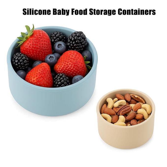 PandaEar 2 Pack Silicone Baby Food Containers, Reusable Toddler Snack Cups with Lids for Baby Food, BPA Free（Blue/Flesh）