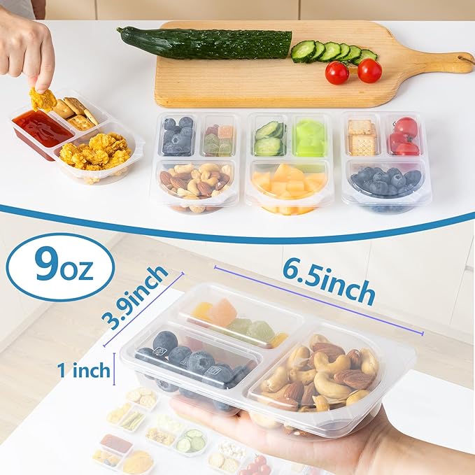 TAIHUIMY 9oz Reusable Snack Containers with Lids for Kid, New 3 Compartment Large Capacity Condiment Portion Control Meal Prep Containers for School lunch, Go out Travel, Party (40, 9, ounces)